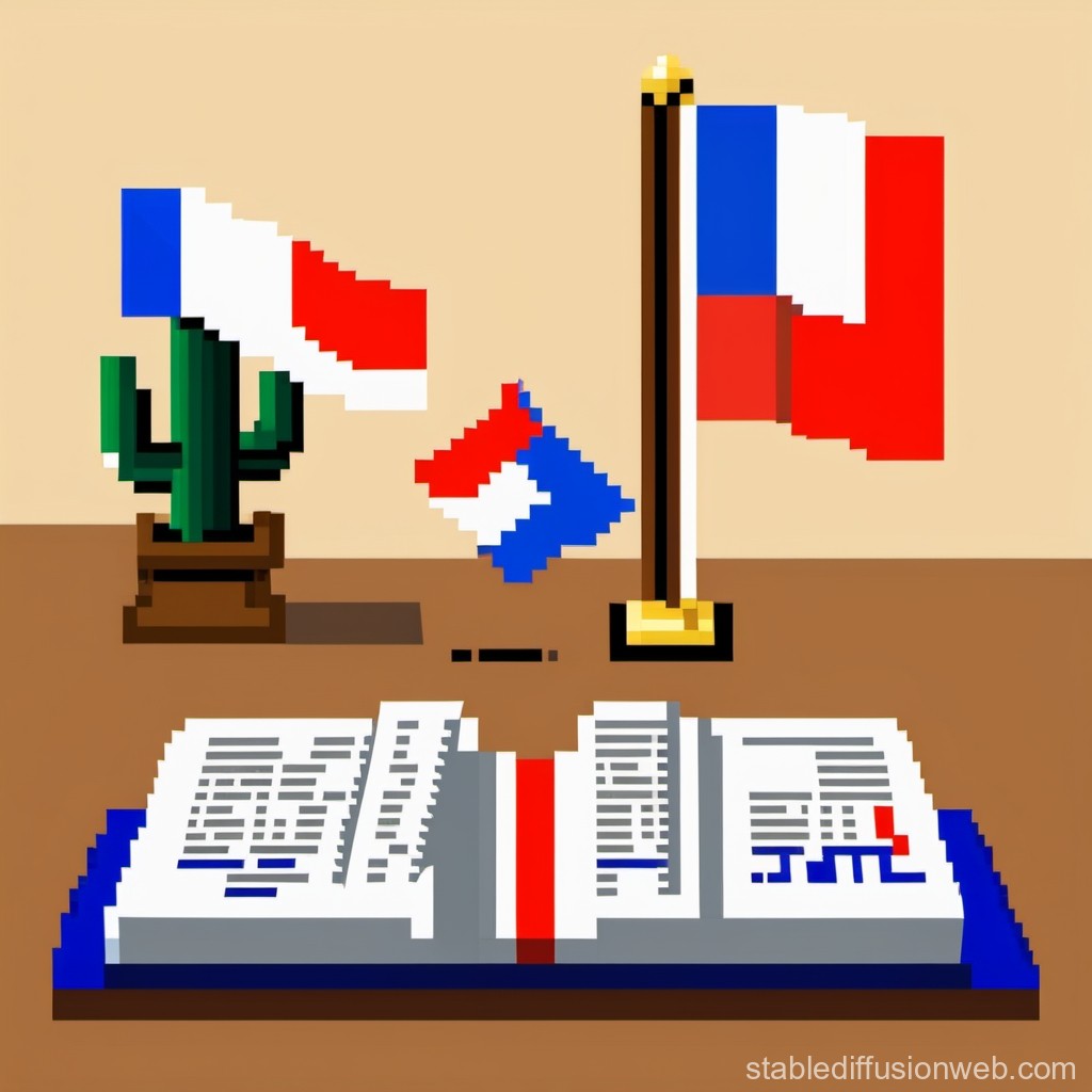 Pixel Art Desk with French Flags and Open Book