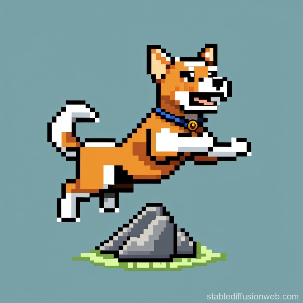 Pixel Art Dog Leaping Over Rock