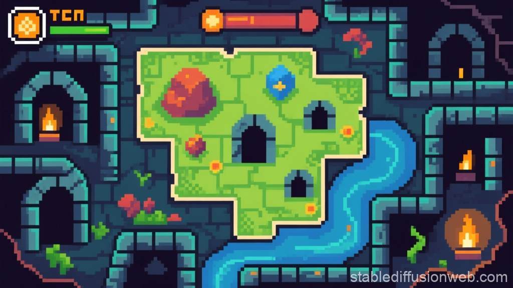 Pixel Art Dungeon Map with River and Torches