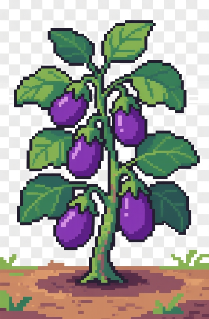 Pixel Art Eggplant Plant with Purple Fruits