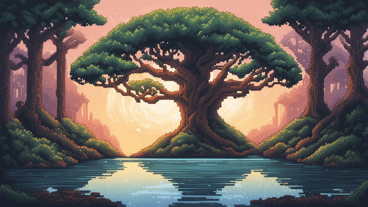 Pixel Art Enchanted Tree by a Reflective Lake at Sunset