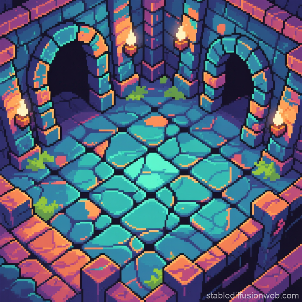 Pixel Art Fantasy Dungeon Floor with Torches