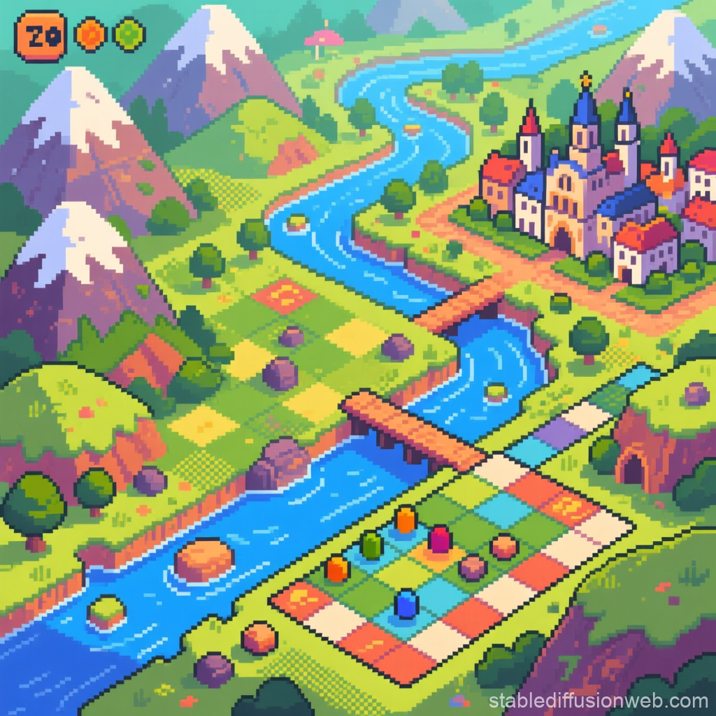 Pixel Art Fantasy Landscape with River and Castle