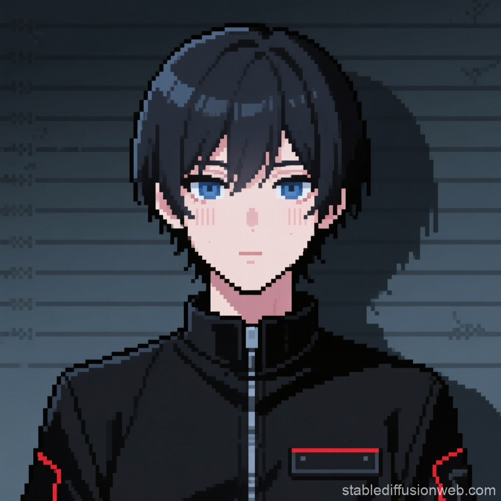 Pixel Art Femboy Mugshot with Blue Eyes