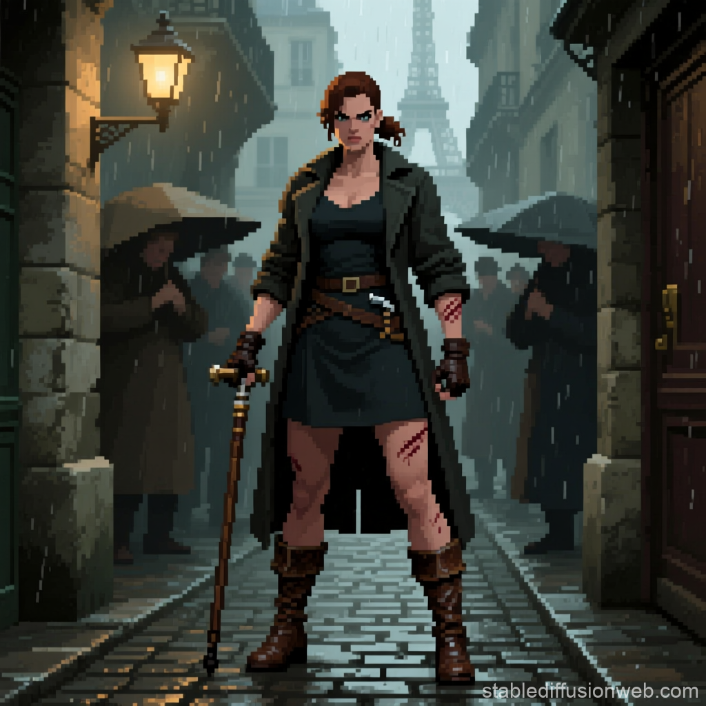Pixel Art Femme Fatale in Rainy Paris Street