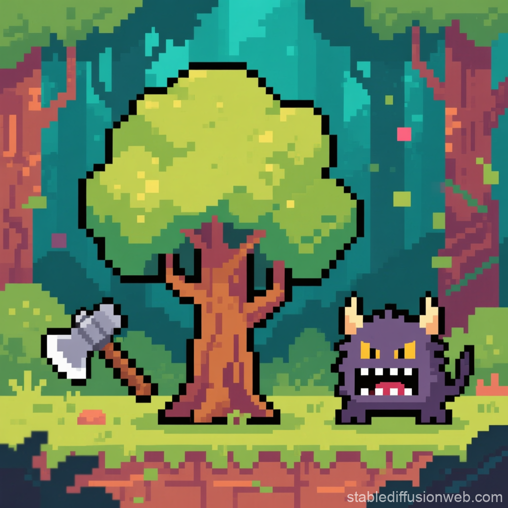Pixel Art Forest Scene with Tree, Axe, and Monster