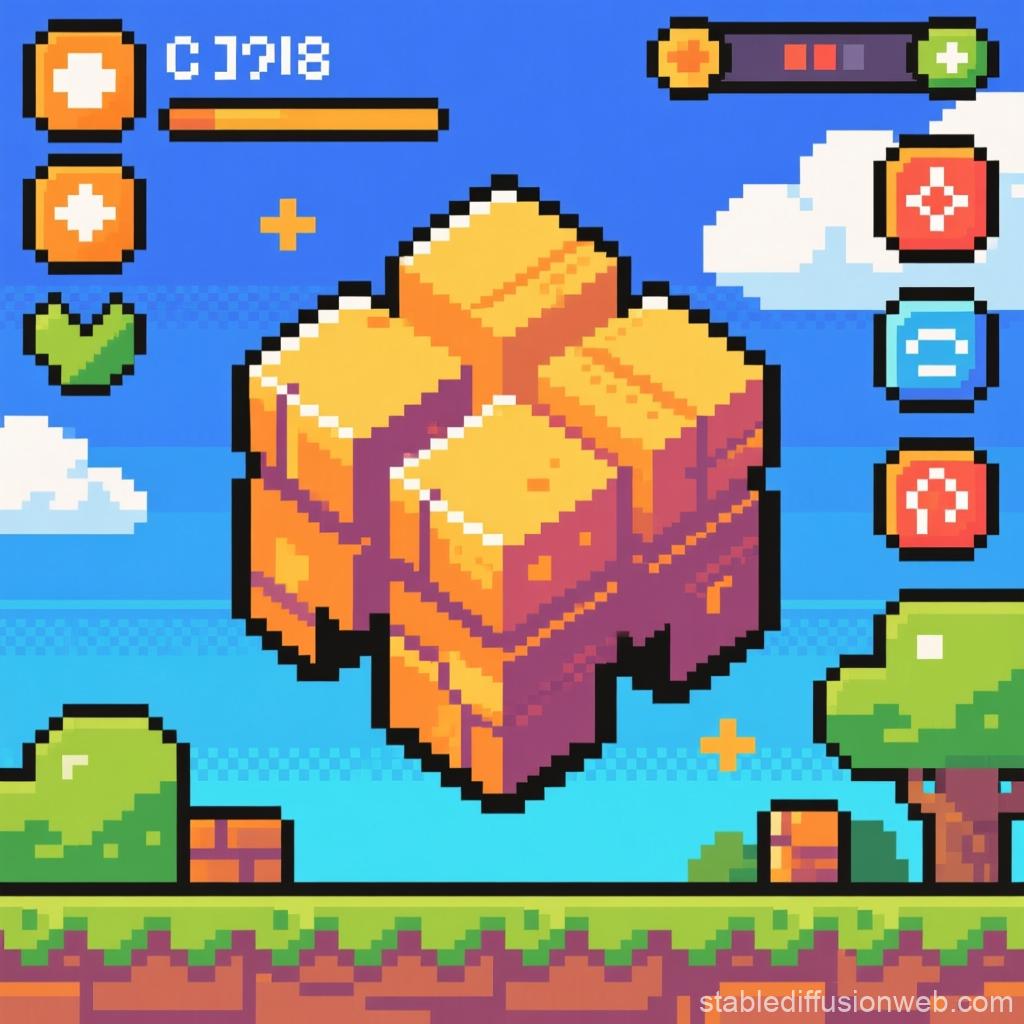 Pixel Art Game UI with Floating Blocks and Health Bars