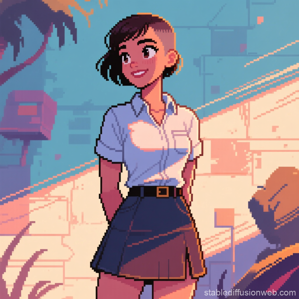 Pixel Art Girl in Urban Sunset Scene