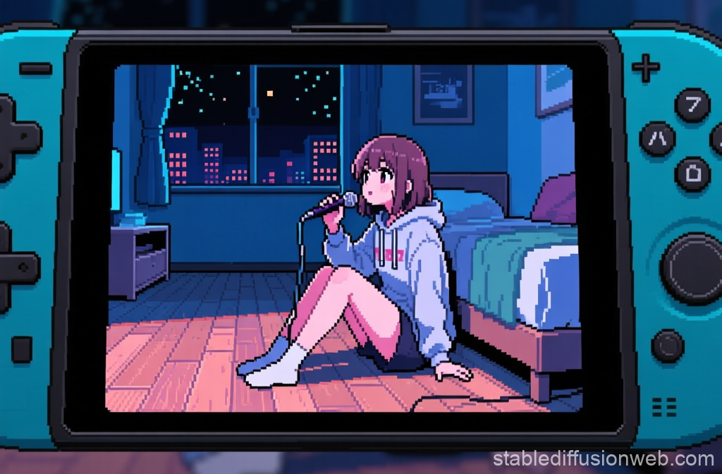 Pixel Art Girl Singing in Cozy Room at Night