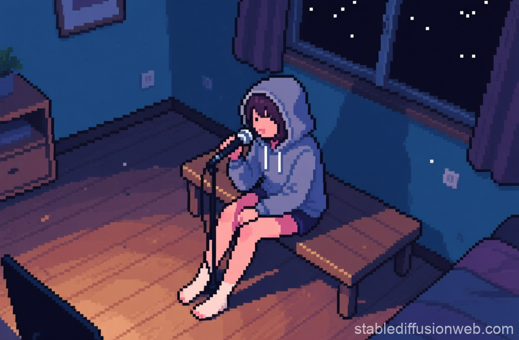 Pixel Art Girl Singing in Nightroom