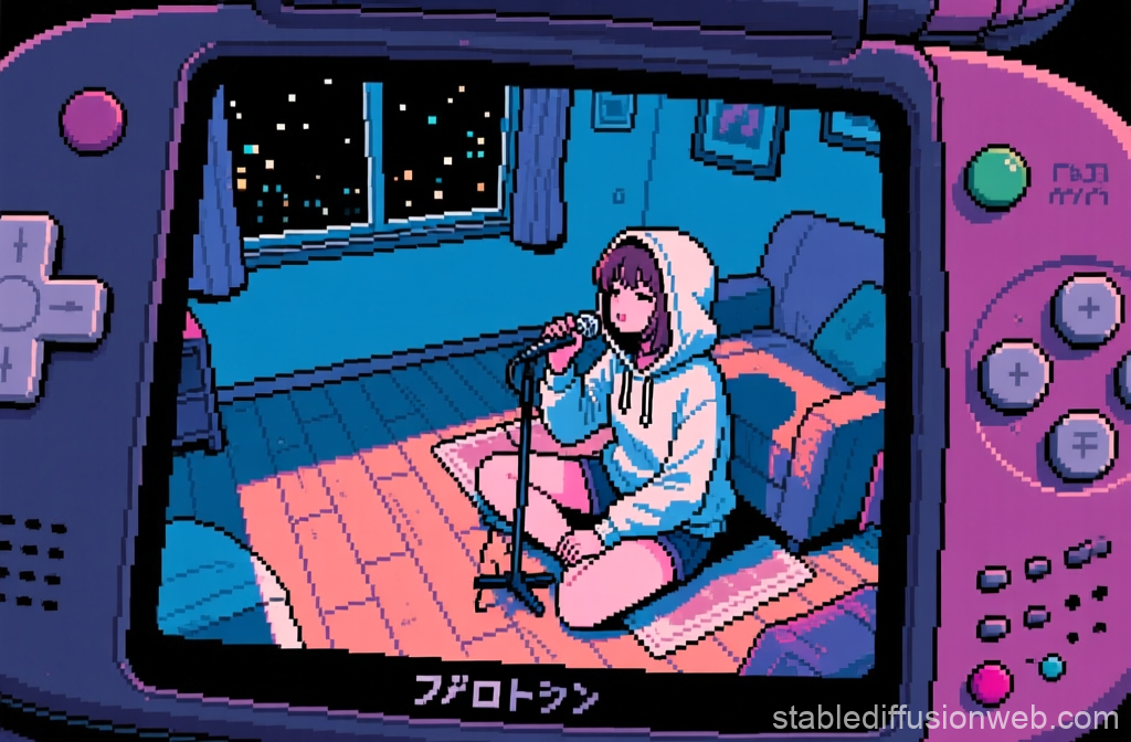 Pixel Art Girl Singing Indoors at Night