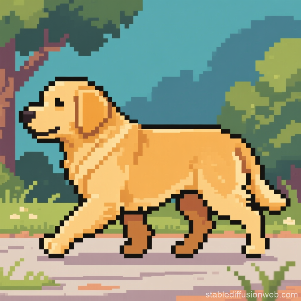 Pixel Art Golden Retriever Walking on Sidewalk