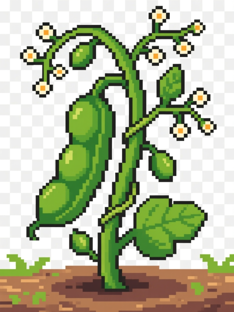 Pixel Art Green Bean Plant with Flowers