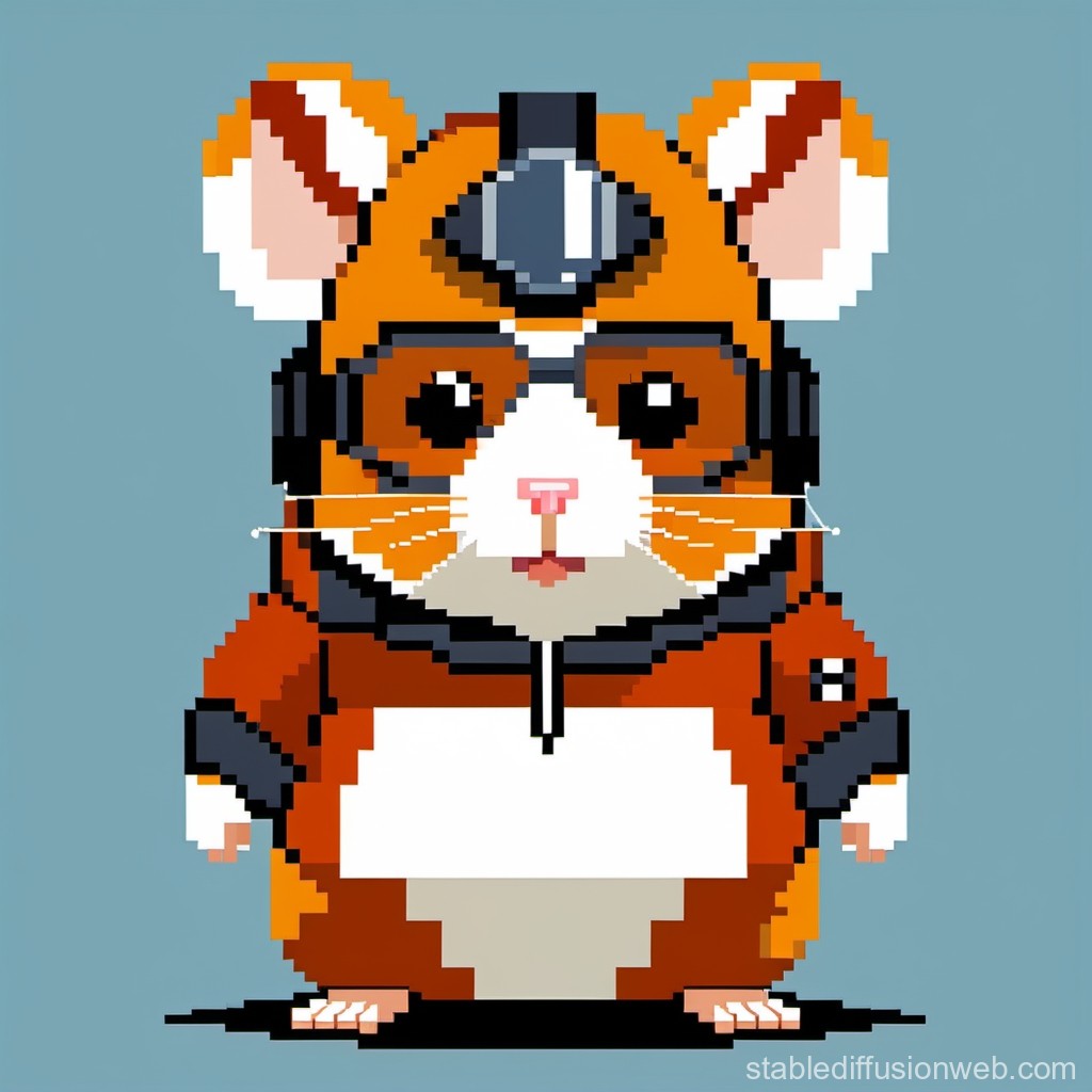 Pixel Art Hamster in Orange Hoodie with Headlamp