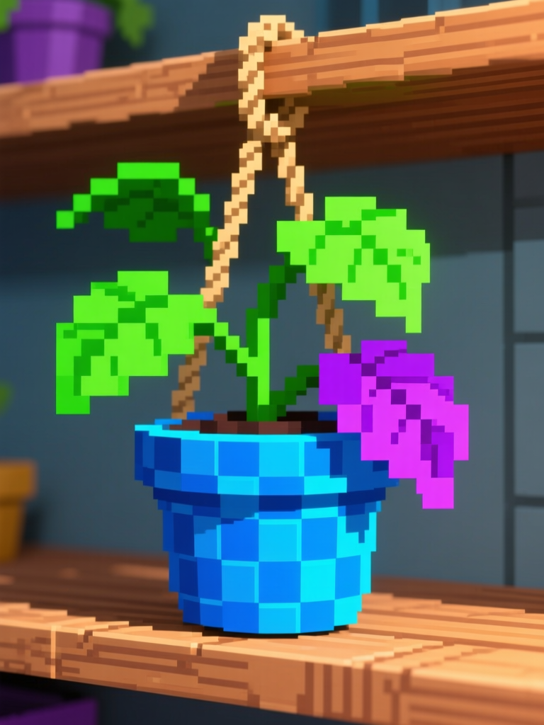 Pixel Art Hanging Plant in Blue Pot