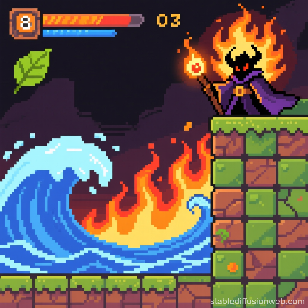 Pixel Art Infernal Fire Wave Battle Scene
