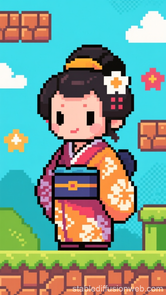 Pixel Art Japanese Traditional Character in Kimono