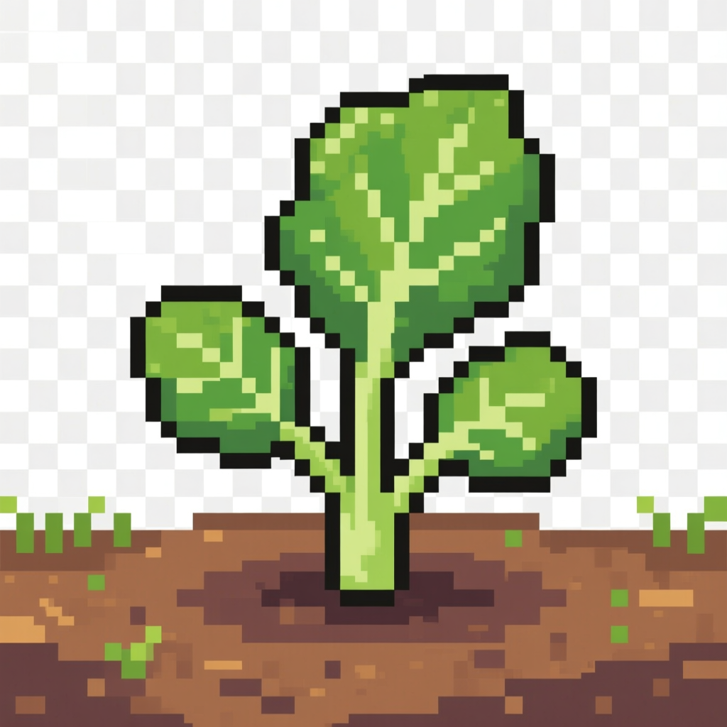 Pixel Art Kale Seedling Growing in Soil