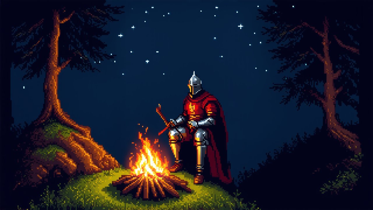 Pixel Art Knight Sitting by Campfire Under Starry Night