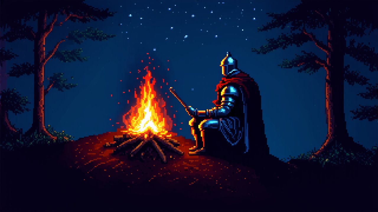 Pixel Art Knight Sitting by Campfire Under Starry Night