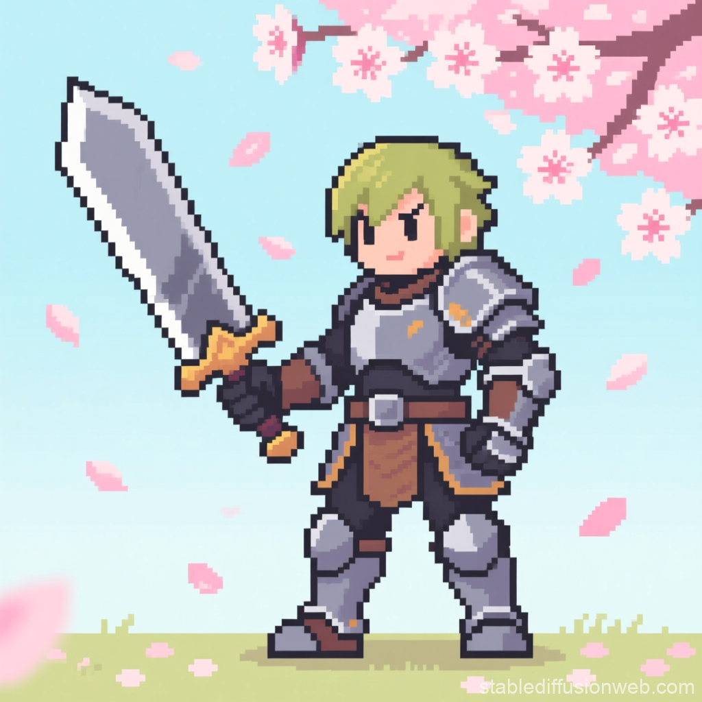 Pixel Art Knight with Sword Under Cherry Blossoms