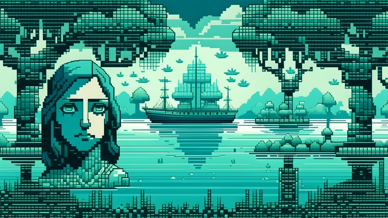 Pixel Art Landscape with Ship and Woman's Portrait