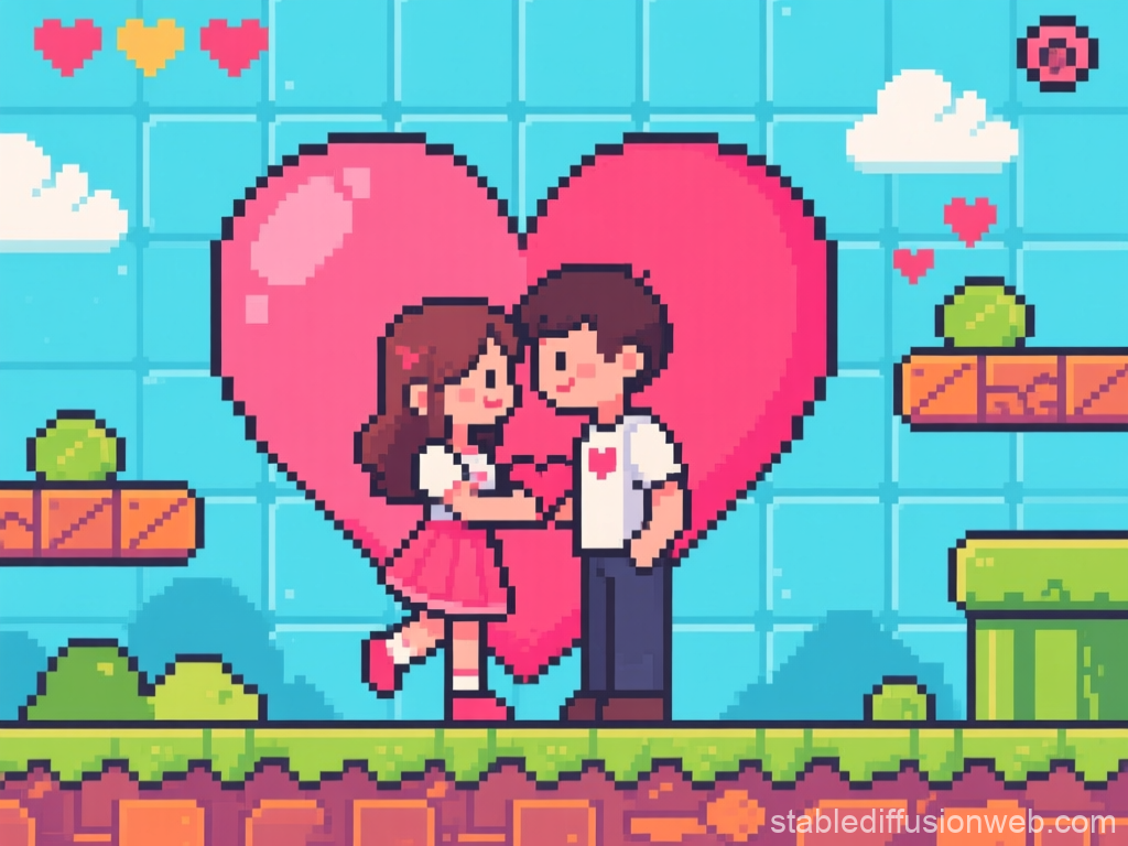 Pixel Art Love Couple with Heart Background