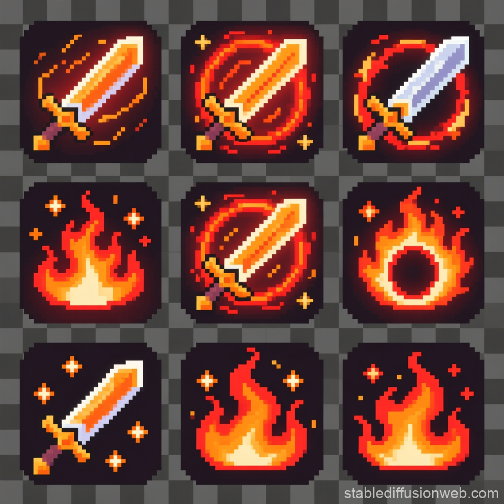 Pixel Art Magic Sword and Fire Icons Set