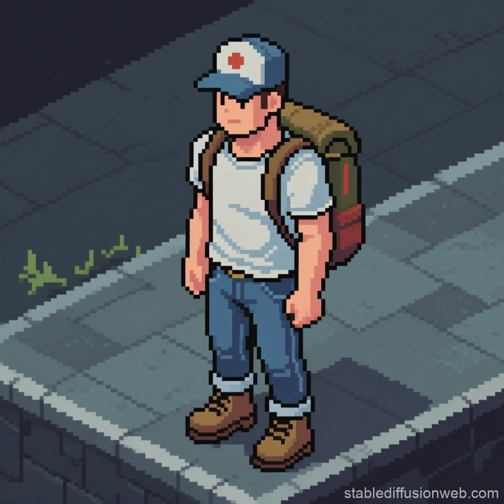 Pixel Art Male Character with Backpack on Urban Sidewalk