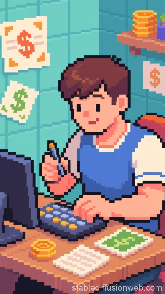 Pixel Art Man Counting Profits at Desk