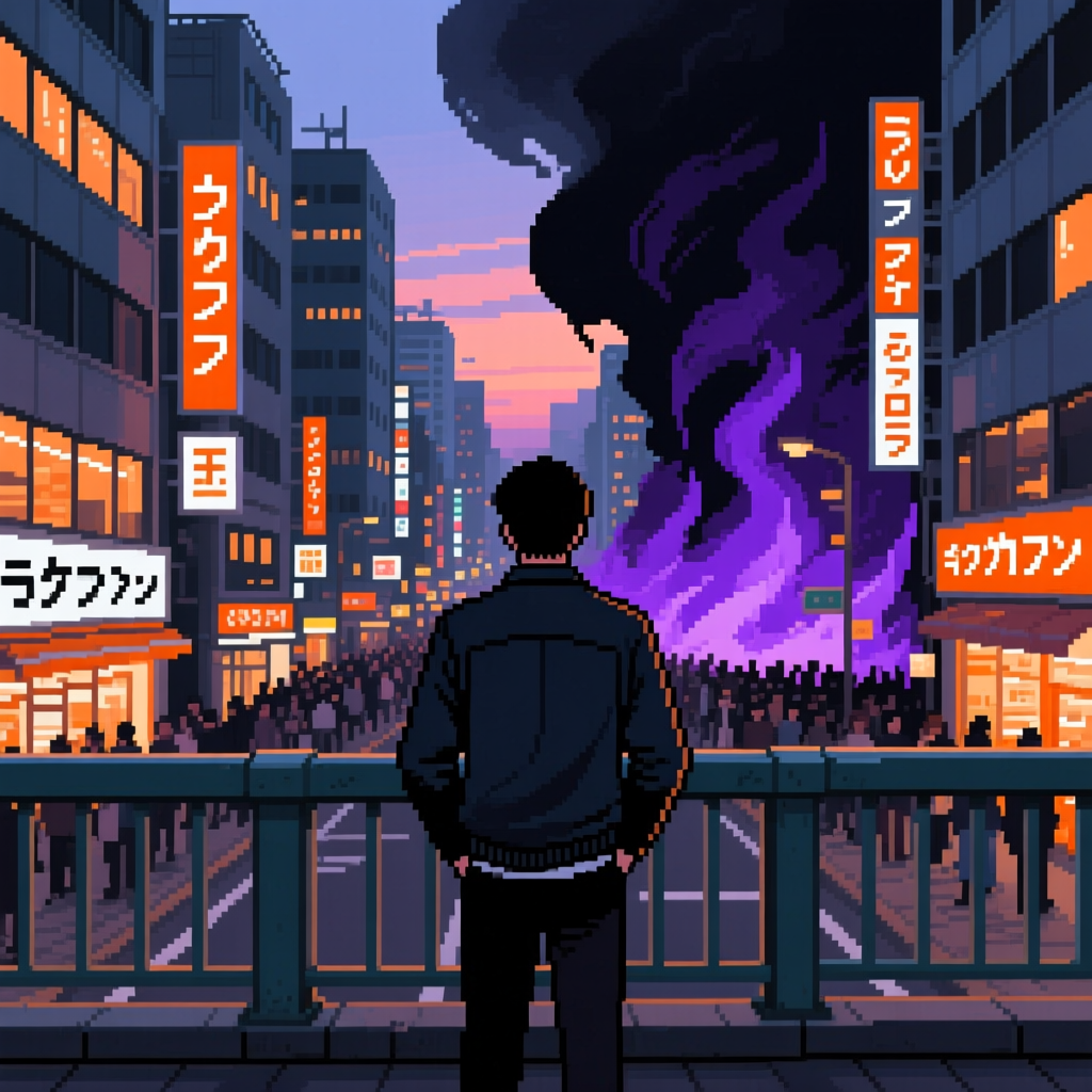 Pixel Art Man Watching City Fire from Bridge