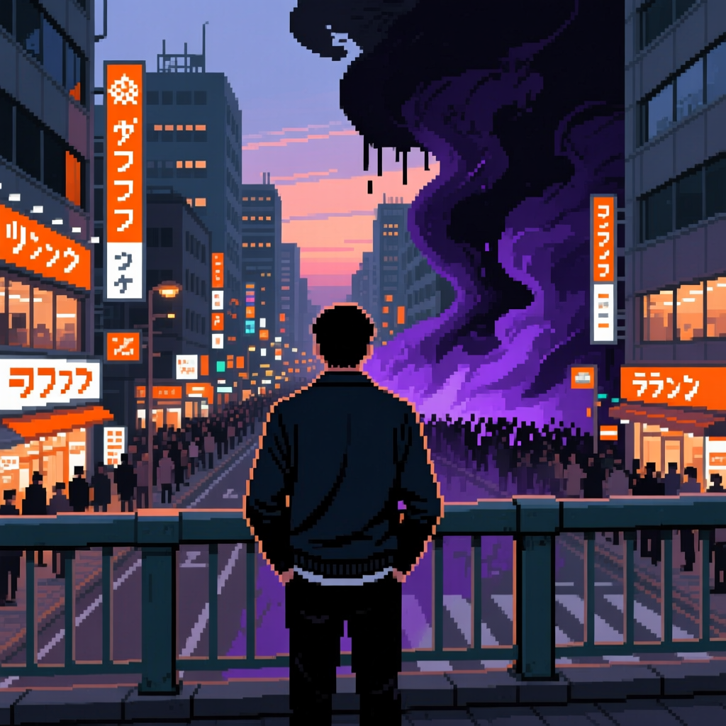 Pixel Art Man Watching City Street with Purple Smoke