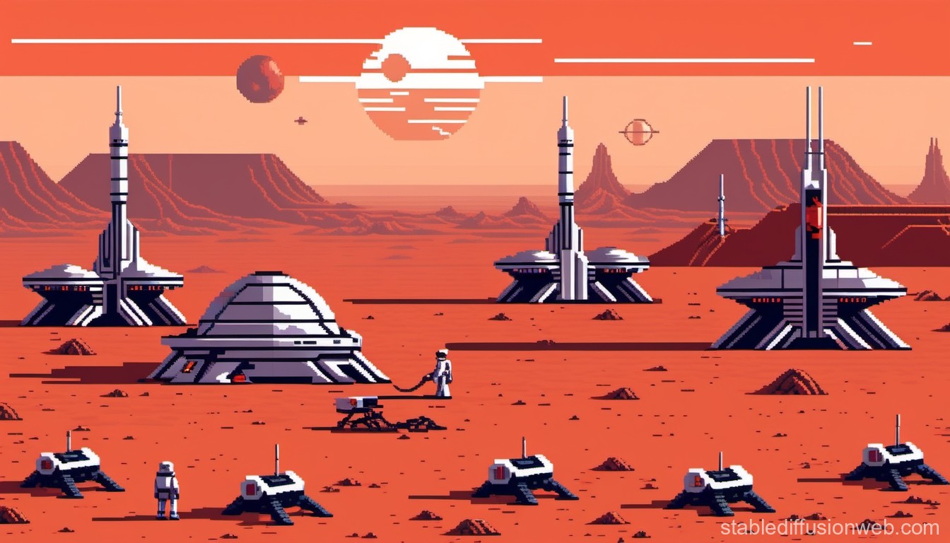 Pixel Art Mars Colony with Astronauts and Rovers