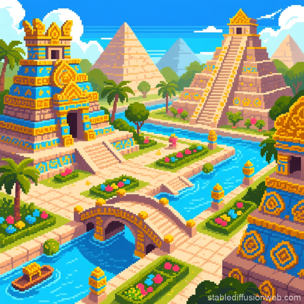 Pixel Art Maya City Plaza with Pyramids and Waterways