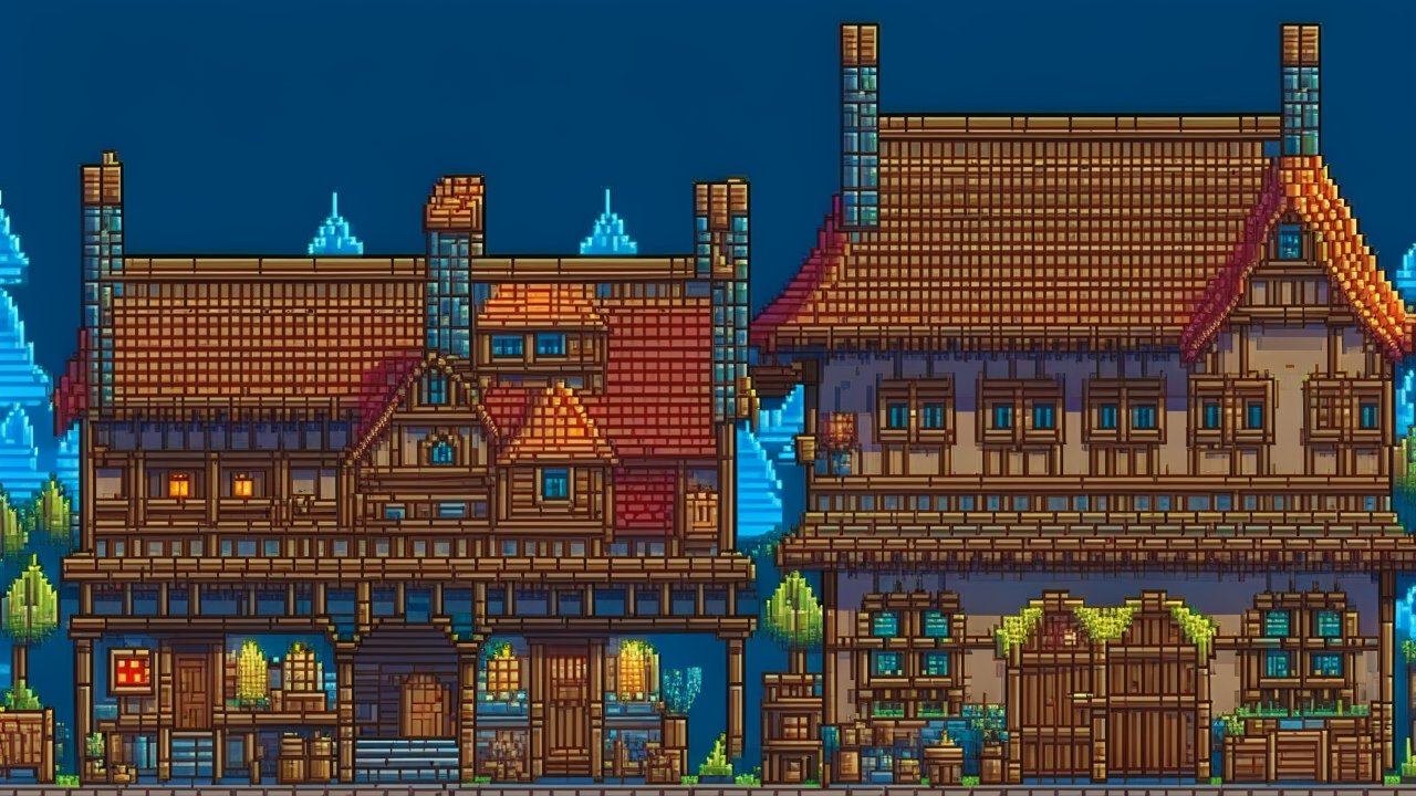 Pixel Art Medieval Houses with Detailed Wooden Architecture