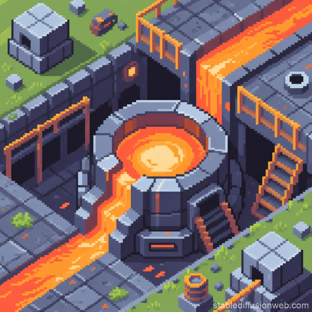 Pixel Art Metallurgy Furnace with Flowing Lava