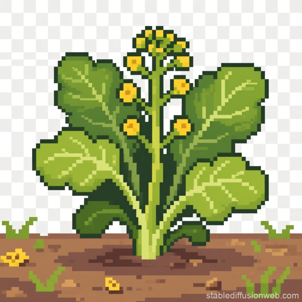 Pixel Art Mustard Greens Plant with Yellow Flowers