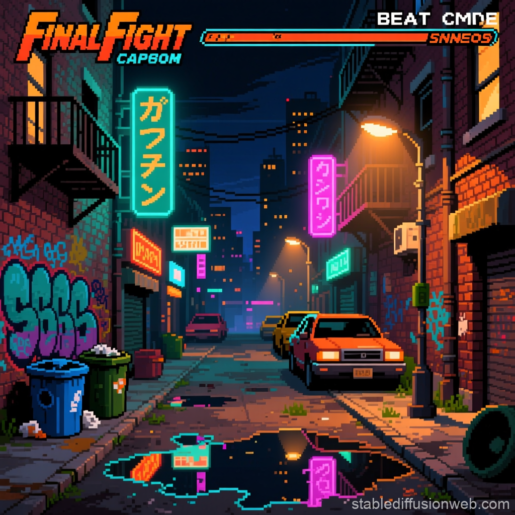 Pixel Art Neon Alley at Night with Retro Game UI