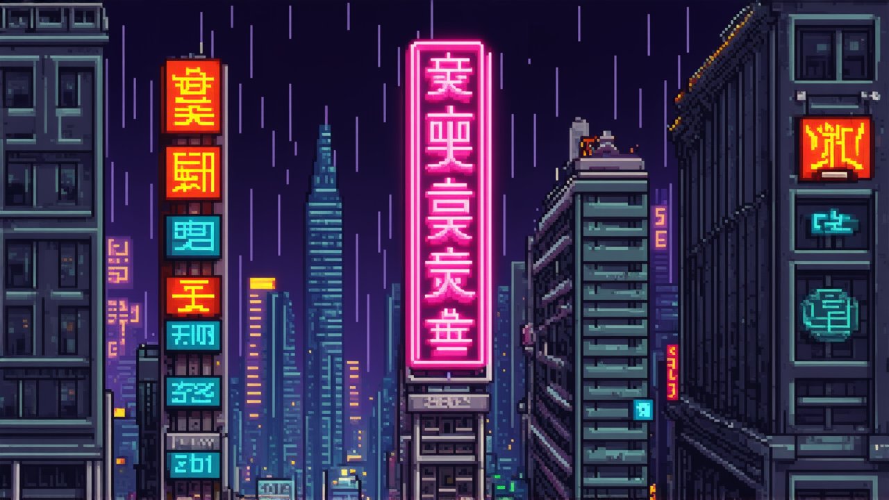 Pixel Art Neon Cityscape at Night in the Rain