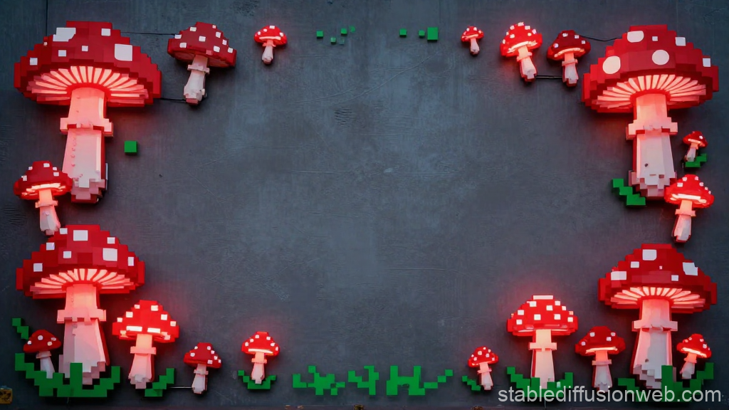 Pixel Art Neon Mushrooms Border