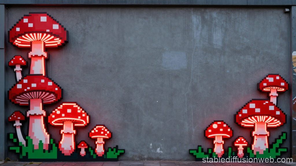Pixel Art Neon Mushrooms Wall Frame