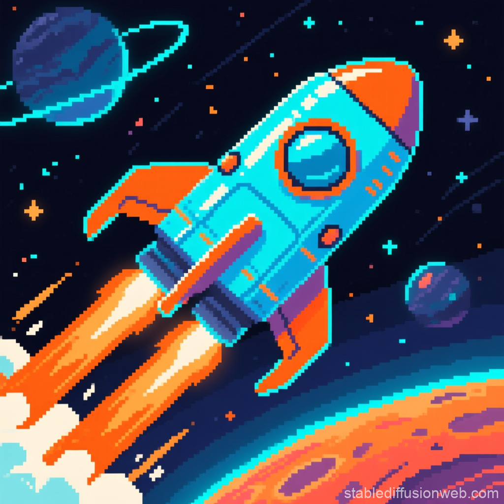 Pixel Art Neon Rocket Ship Launching in Space