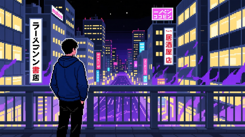Pixel Art Night View of Tokyo with a Lone Figure