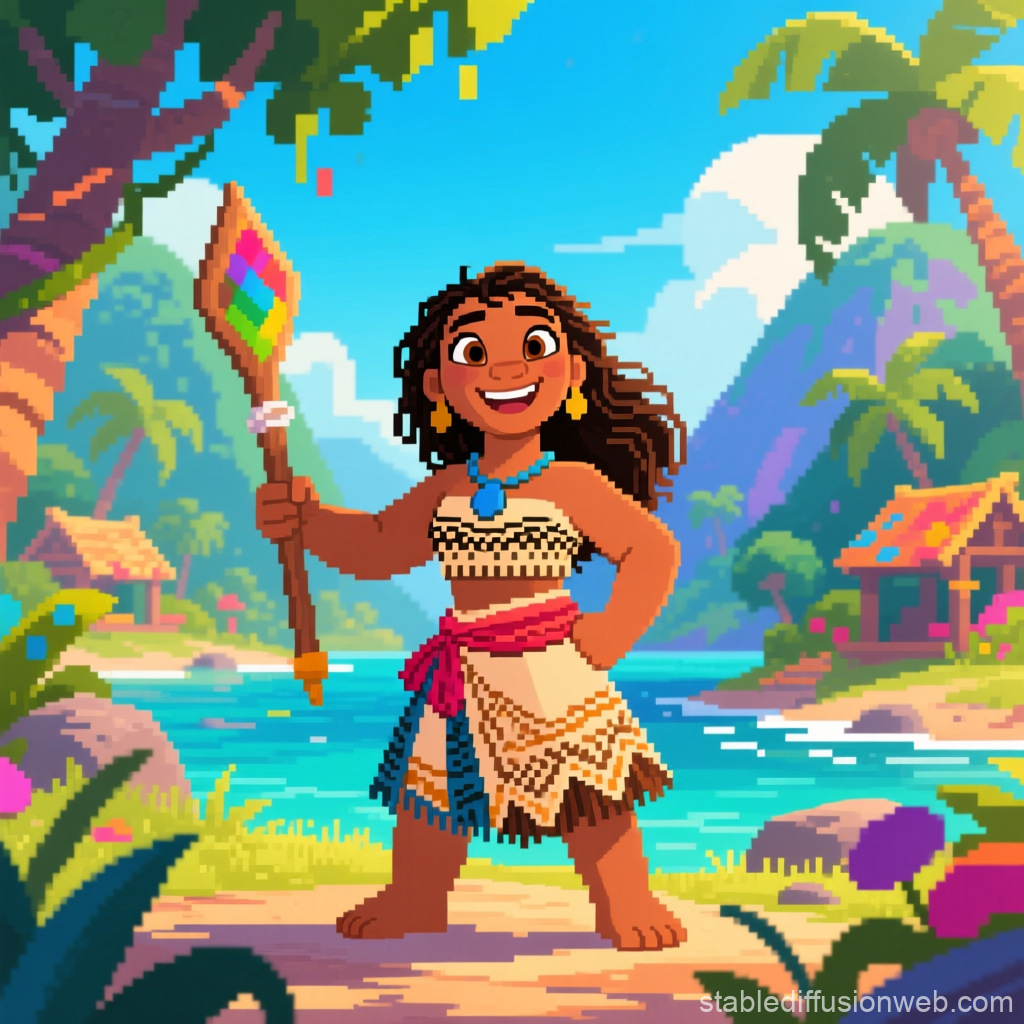 Pixel Art of a Joyful Island Girl with Staff
