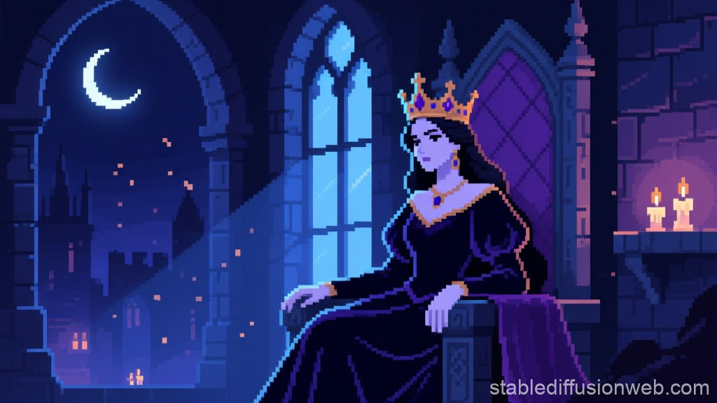 Pixel Art of a Mysterious Medieval Queen at Night