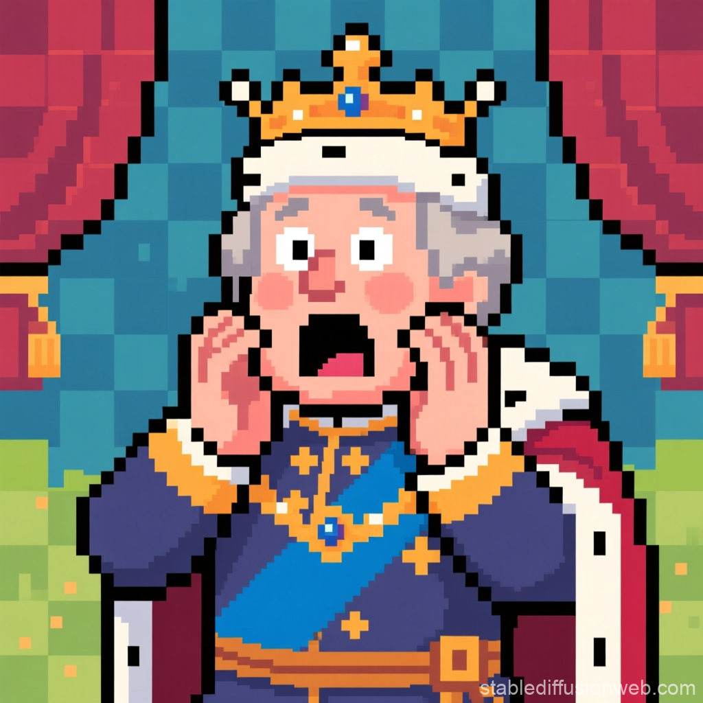 Pixel Art of a Shocked King with Crown and Royal Robes