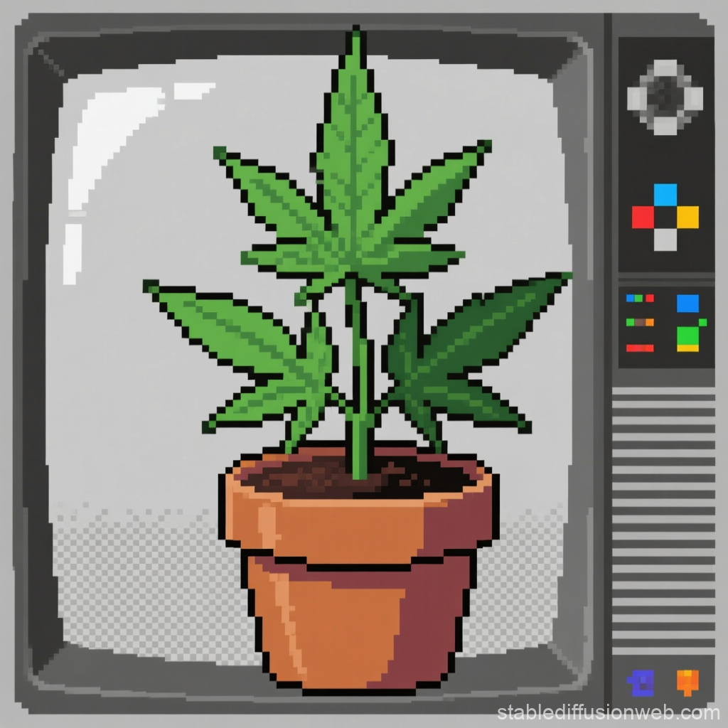 Pixel Art of Potted Weed Plant on Retro TV Screen