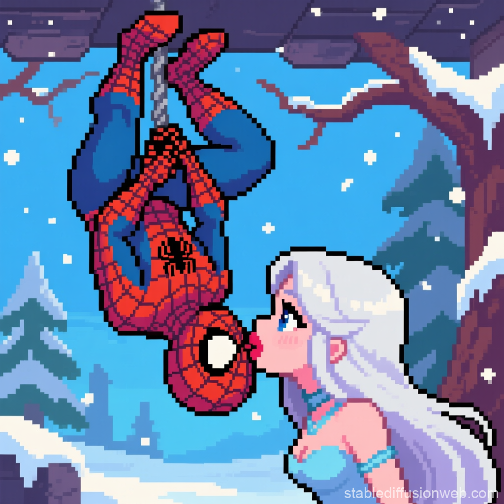 Pixel Art of Spider-Man Upside Down Kissing a White-Haired Girl