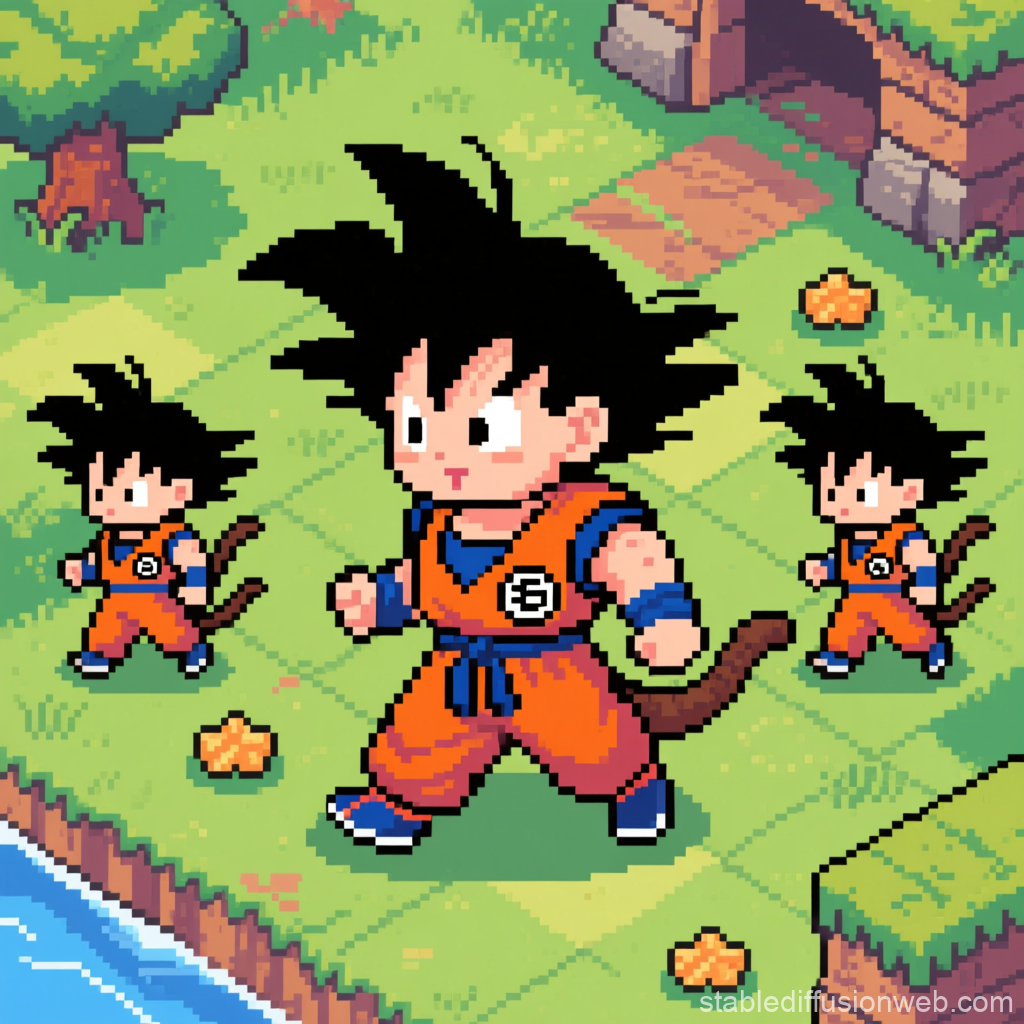 Pixel Art of Three Dragon Ball Characters in a Vibrant Landscape