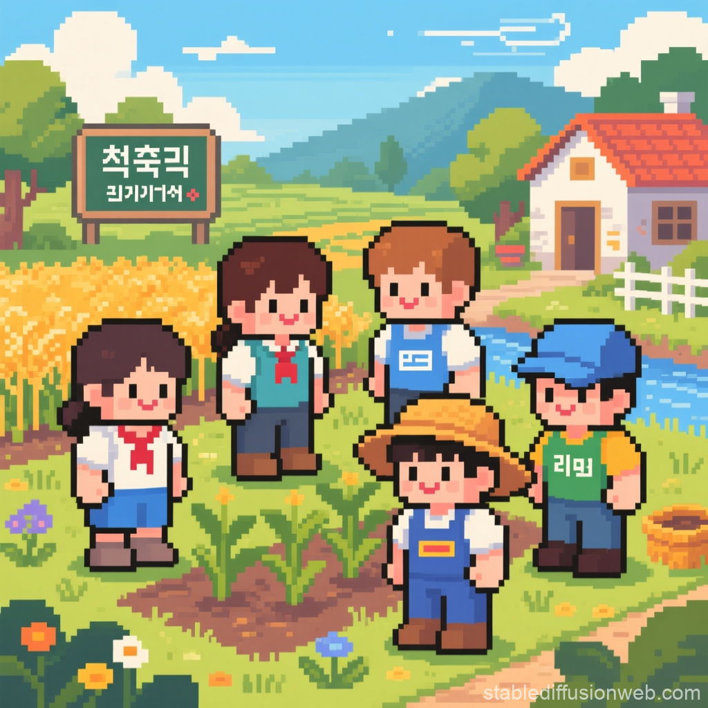 Pixel Art of Youth Community Gardening in Countryside